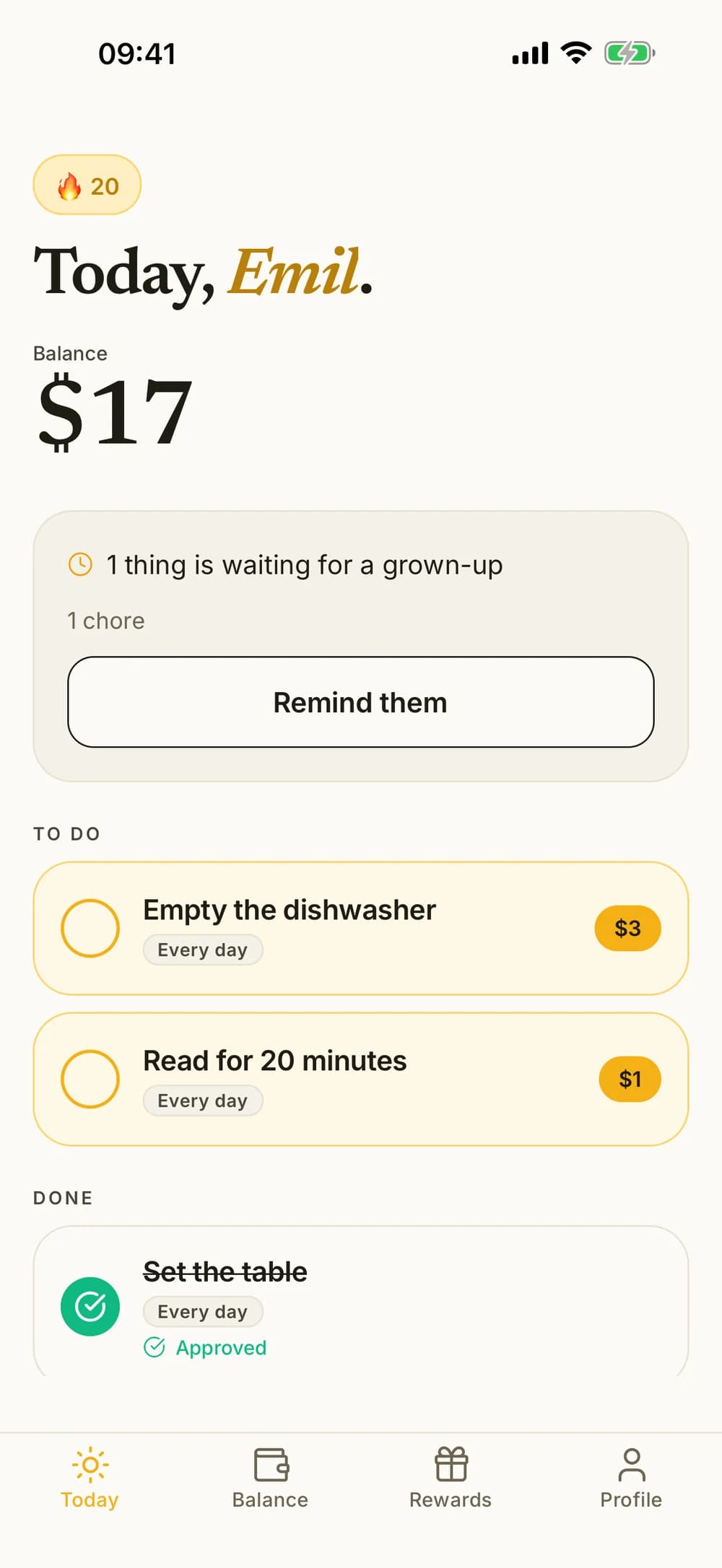 Emil's Today list with chores, a balance and work waiting for approval.