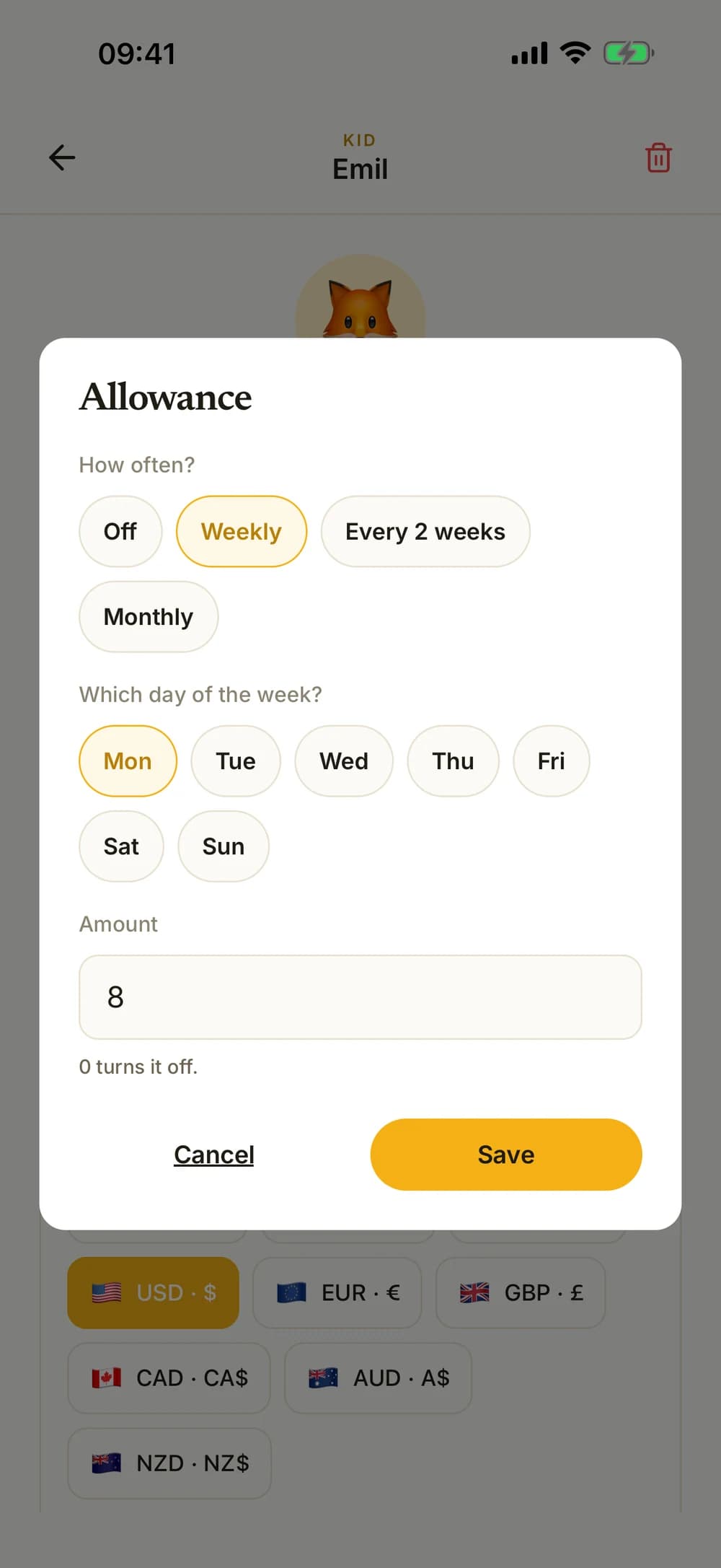 Allowance settings with an amount, interval and day of the week.