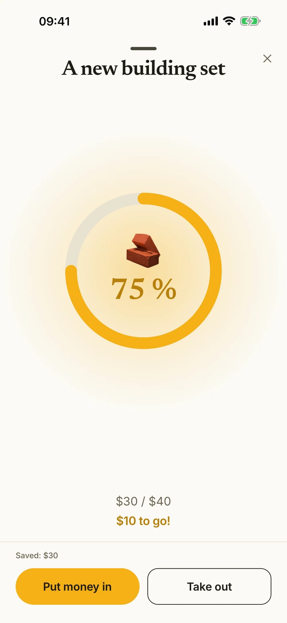 A savings goal showing money set aside and progress toward the target.